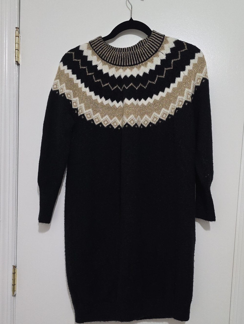 Ann Taylor Fair Isle Sweater Dress SP Petite Black Gold And Ivory Knit